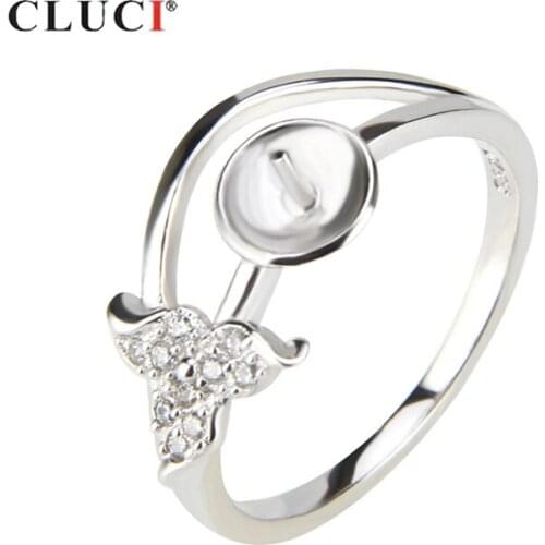 CLUCI Silver 925 Two Circles Rings For Women Romantic 925 Sterling Silver Ring Bague Zircon Flower Pearl Ring Mounting SR1052SB