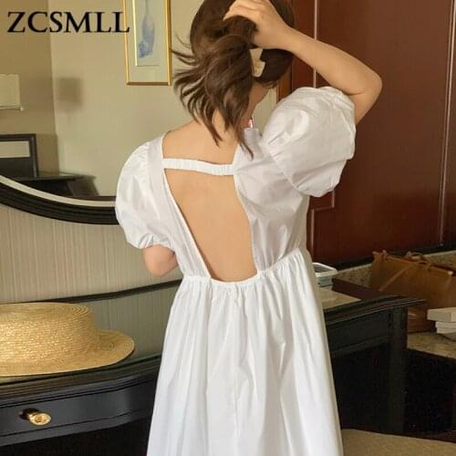 ZCSMLL Korean summer French slimming square collar vestido open back solid color loose puff sleeve mid-length dress