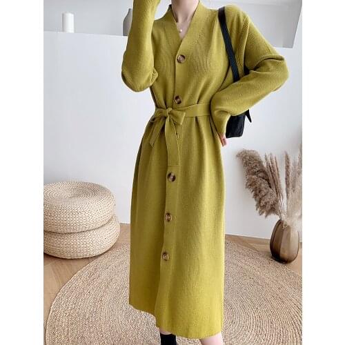 TIGENA Knitted Long Sweater Dress for Women 2021 Autumn Winter Single Breasted V-neck Belt Tunic Long Sleeve Dress Female
