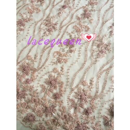 1 yard Nude Pink Heavy Beaded Lace Fabric Exquiiste Sequins French Tulle Embroidery Lace Fabric for Wedding Bridal Gown Dress