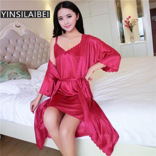 2pcs/Set Women Nightwear Ice Silk Satin Nightgowns for Women Nightdress Sexy Sleepwear Night Sleeping Dress Night Gown SR009#50