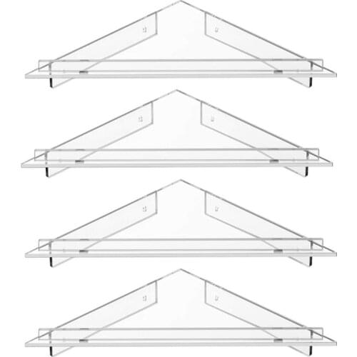 4 Sets Acrylic Triangle Wall Mount Corner Shelves Clear Shower Floating Shelf with Screws Bolts for Kitchen Bathroom Office Orga