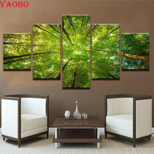 5d full square round drill diamond painting 5 Pcs/set Green Sunshine Woods Trees mosaic cross stitch diy diamond embroidery sale