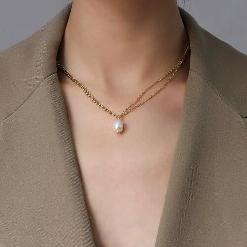 Minar Asymmetric Double Layered Gold Silver Colour Thin Chain Chokers Necklace for Women Real Pearl Pendant Necklace Jewelry