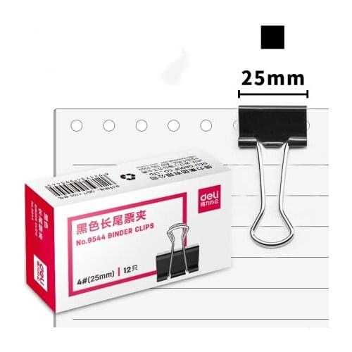 Brand: Deli Model: 9544 Name: long tail clip Color: Black Specification: 25mm Quantity: 12 pieces / box