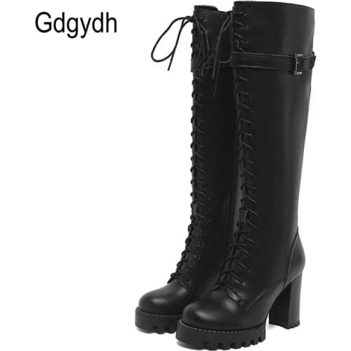 Gdgydh Winter Lace Up Knee High Black Genuine Leather Boots With Buckle High Heels Boots Women Natural Leather High Quality