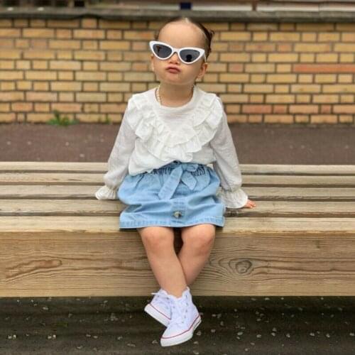 2PCS Toddler Kids Girl Clothes Set Summer Long Sleeve Solid Print T-shirt Tops + Mini Skirts Denim Outfit Child Suit