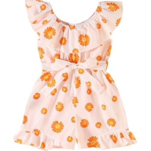 Girl’s Summer Casual Sleeveless Jumpsuit Fresh Daisy Printed Ruffles Bandage Fashion Summer Dress For Girls Childrens Dresses