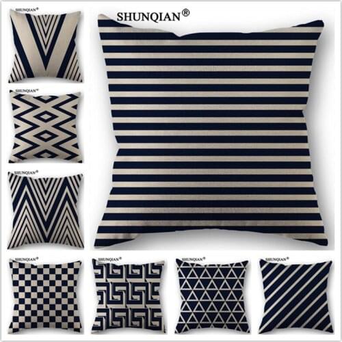 Linen Cotton Blue geometry Pillow Cover Custom Print Home Decorative Throw Pillows Cases 45x45cm one side WJY410