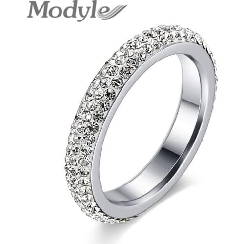 Modyle New Fashion 3 Row Crystal Stainless Steel Cubic Zirconia Wedding Ring Size 7-9