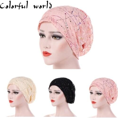Muslim Inner Hijab Islamic Turban Headwrap Pullover Cap Thin Lace Breathable Toque Cotton Colorful Epoxy Casual Set of Head Cap