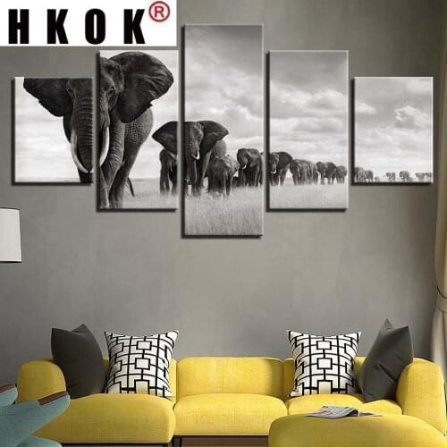 HKOK Painting Style Wall Modular Elephant Art Canvas Pictures 5 Panel Animal For Living Room Modern Decoration Canvas Painting