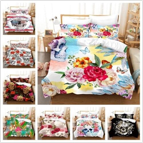Watercolor Flower Skull printing Cartoon Elegant Classic 3D Bedding Set for boys Printed Duvet Cover Set Queen King Twin Size