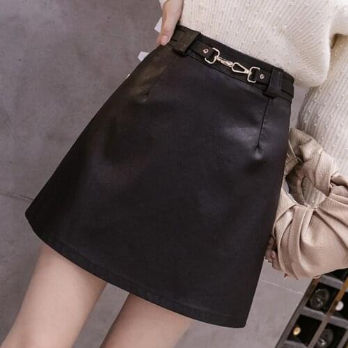 Autumn Winter Sexy PU Leather Bodycon Mini Skirts Womens Black Elegant Office Short A-Line Skirt Ladies Sashes High Waist Skirts