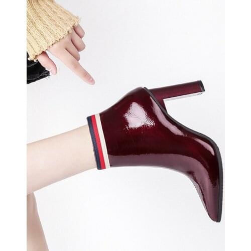 European & American Style Sexy Womens Shoes Pointed Toe High Thick Heels Ankle Boots Patent Leather Zipper 3 Colors Bordered