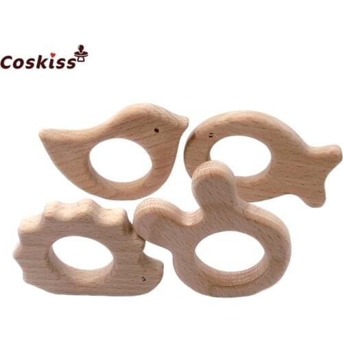 DIY Baby Teether Toys Organic Natural Beech Wooden Fish-Bird-Hedgehog-Rabbit Hand Cut Grasping Toys Baby Wooden Teether Gift