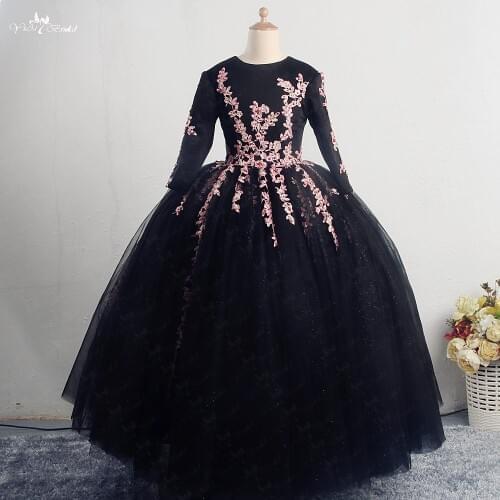 FG89 Modest Long Sleeves Pink Appliques Ballgown Puffy Tulles Litter Girls Black Glitter Fowers Girls Dresses