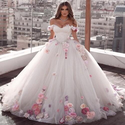 Puffy Quinceanera Dresses Ball Gown Off The Shoulder Tulle Flowers Beaded Cheap Sweet 16 Dresses