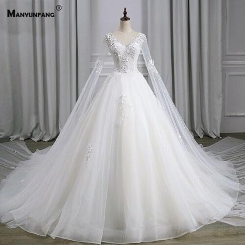 Robe De Mariée V-Neck Full Sleeve Embroidery Appliques Tulle Bridal Ball Gown High-End Backless Cathedral Train Wedding Dress