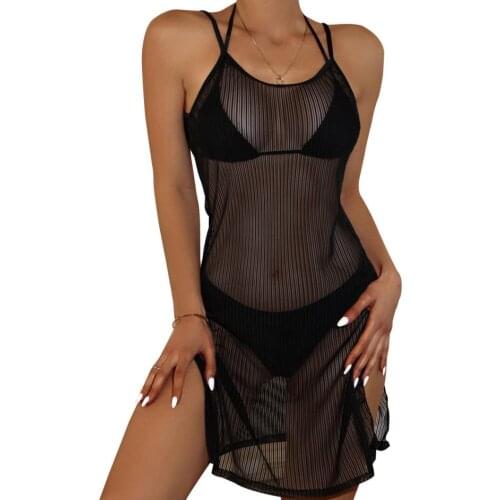 Sexy Womens Bikini Cover-Ups Dress Mesh Sheer See-through Swimsuit Cover-Up High Split Sling Beach Cover Dress Beachwear
