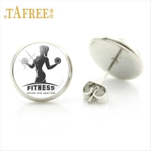 TAFREE Dumbbell Style Stud Earrings 12mm Glass Cabochon Fitness Sports Club Punk Jewelry For Bodybuilding Men Women Gift FQ492