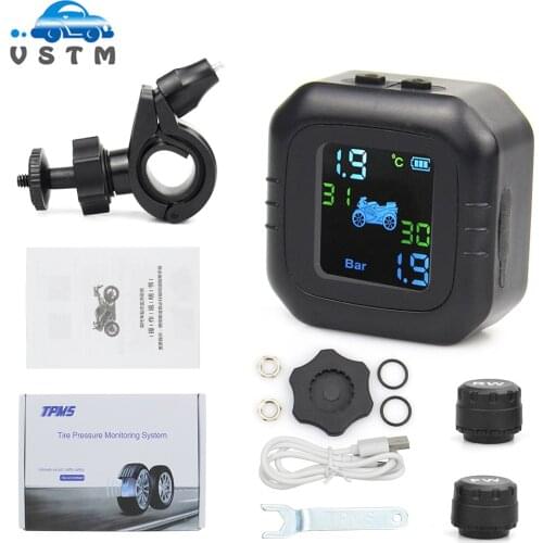 VSTM LCD Motorcycle TPMS Tyre Pressure Monitor System With USB External Sensors Moto Waterproof Wireless Alarm Pressure Gauge