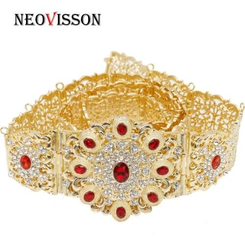 NEOVISSON Red Green Crystal Caftan Belt For Women Ethnic Wedding Jewelry Metal Chain Adjustable Length Wholesale