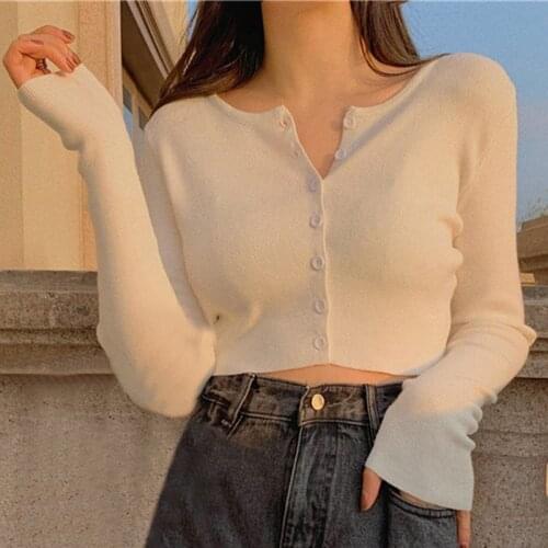 Thin Womens Knitted Cardigan Sexy Solid Color T-shirt Crop Trendy Casual Long Sleeve Women O-neck Short Knitted Sweaters /F