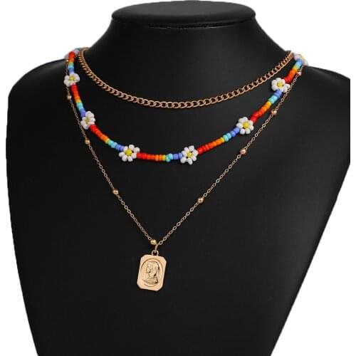 VKME Boho Multi-layer Gold Chain Colorful Beaded Necklace For Women Portrait Pendant Little Daisy Womans Bead Necklaces Jewelry