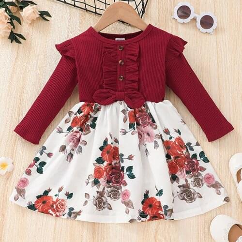 Knitted Girls Dress Christmas Party Long Sleeve Children Clothes Bow Chiffon Kids Dresses For Girls Patchwork Floral Print Dress
