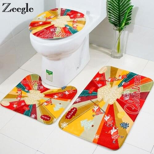 Zeegle Christmas Series 3Pcs Bath Mats Bathroom Toilet Mat Flannel Carpet For Bathroom Bath Rugs Anti-slip Shower Room Mat