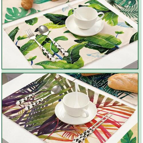 Green Eye-Catching Plants Print Cotton Linen Placemats Restaurant Banquet Tableware Mat Coffee Coaster Heat Insulation Non-Slip