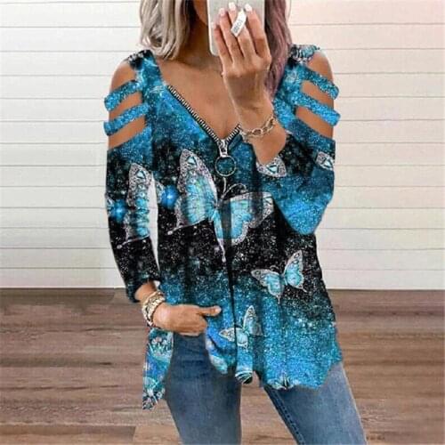 Women Autumn Winter Blouse Fashion Casual Zipper Butterfly Shirts Long Sleeve Shirt Female Loose Blouses Hollow Out Oversize Top