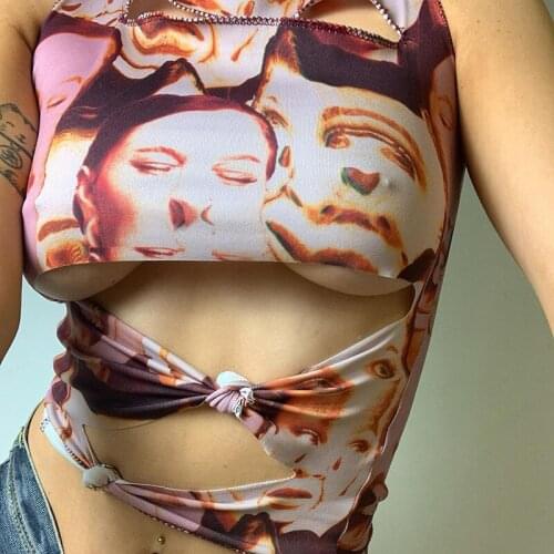 Gothic Punk Style Women Tank Tops Y2K Aesthetic Bodycon Hollow Out Sexy Crop Top Summer Graphic Print Vest E-girl Streetwear