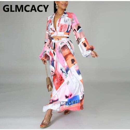 Two Pieces Sets Women Paper Printed Long Sleeve Shirt & Maxi Skirts
