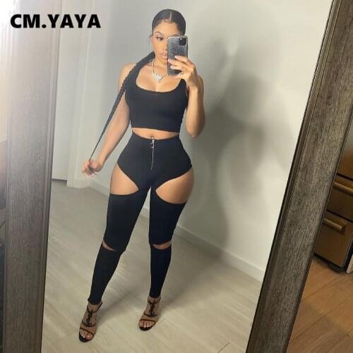 CM.YAYA Women Casual Set Solid Sheath Elastic Crop Tanks Hollow Out Zip Mid Waist Full Length Pencil Pants 2 Piece Sets Summer