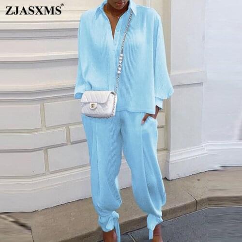 2021 Autumn Pure Screw Thread Women Sets Clothes Spring Turn-down Collar Button Blouse Pullover and Long Pants Suit Casual 2pcs