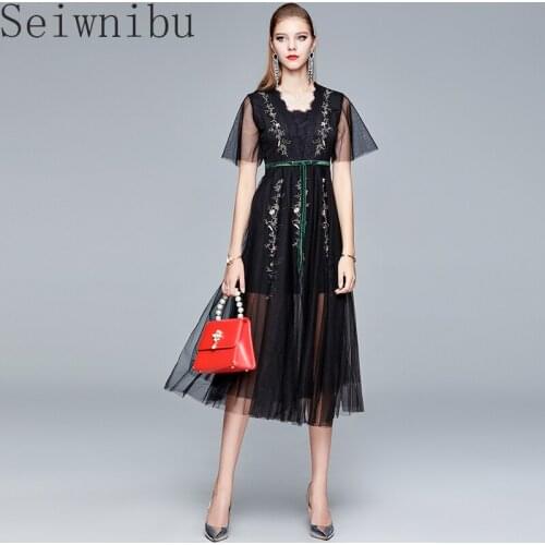 Mesh Dress Embroidery Women Flare Sleeve Floral Lace Up Elegant Vintage Midi Long Dresses Pink Black Vestidos