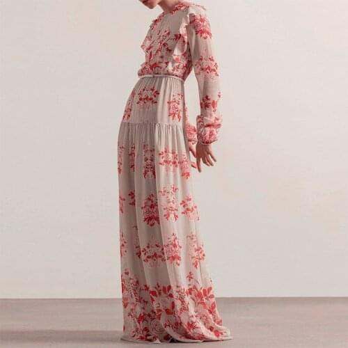 Vintage Elegant Ruffles Floral Printed Maxi Dresses For Women 2020 Runway Designers High Quality Long Sleeve Chiffon Long Dress