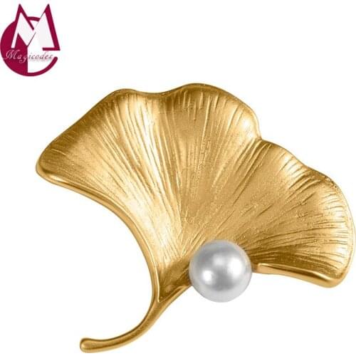 Golden Ginkgo Leaves Pearl Brooch Real 925 Sterling Silver Creative Pin Fashion Jewelry Men Women 2021 Luxury Bijoux Femme X08