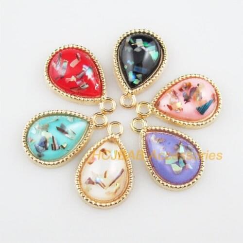 12 New Shivering Resin Pendants Teardrop Mixed Charms Gold Color 13x21.5mm
