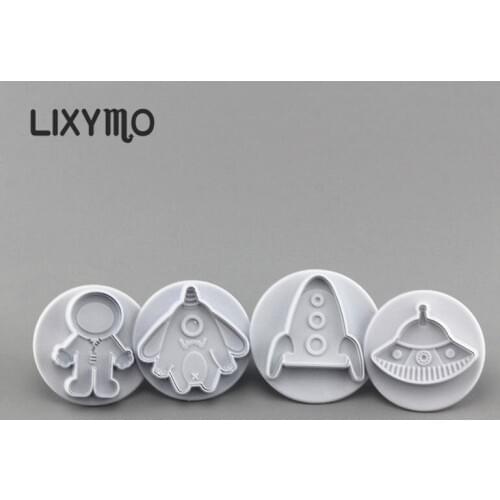 LIXYMO 4pcs Spaceman Spaceship Fondant Plunger Molds Cookie Biscuits Cutters Sugar Craft DIY Moulds Embossers Cake Decorating