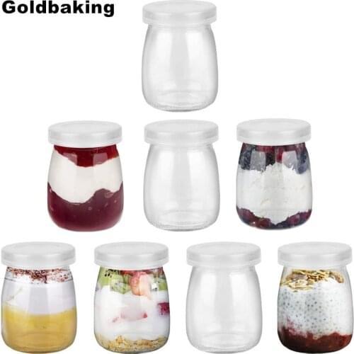 8 Pieces Mini Yogurt Jars Glass Pudding Cups with PE Lids Containers Pot Ideal for Milk Jellies Honey Spices Mousse 100ml(3.4oz)
