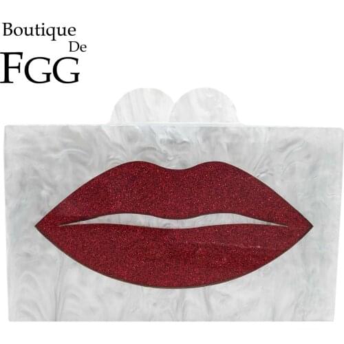Boutique De FGG Red Lips Women White Acrylic Box Clutch Purses Evening Party Handbags Chain Shoulder Crossbody Bag