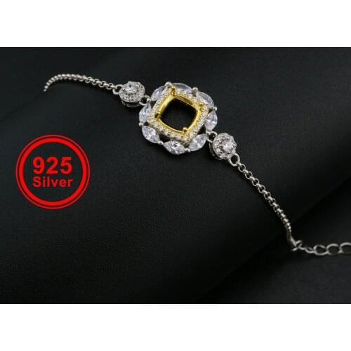 6MM Cushion Square Prong Bracelet Settings Gold Plated Solid 925 Sterling Silver Bracelet Bezel with 5.5''+3'' Chain 1900264