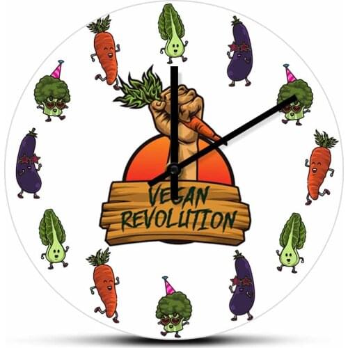 Vegan Revolution Inspired Wall Clock Modern Design Vegetarian Home Decor Cabbage Cauliflower Eggplants Carrot Kitchen Wall Clock