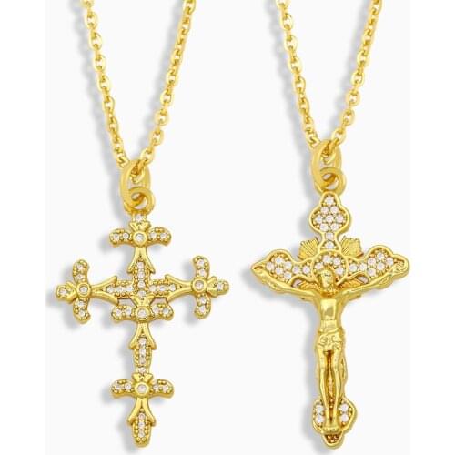 FLOLA Gold Catholic Cross Necklace For Women Gold Plated CZ Micro Pave Jesus Christ Pendant Necklace Christian Jewelry nkeu05