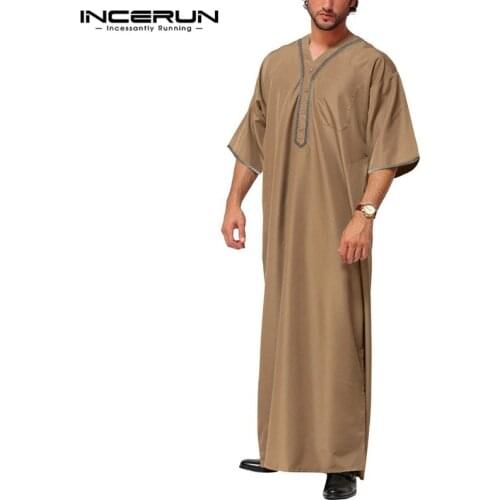 INCERUN Men Islamic Muslim Kaftan Half Sleeve Solid Color V Neck Vintage Robes Casual Dubai Saudi Arabia Men Jubba Thobe S-5XL 7
