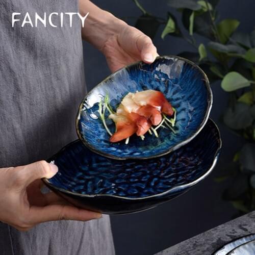 FANCITY Japanese kiln turned ceramic fish dish dish, creative household ceramic tableware, rectangular sashimi sushi dish, embos