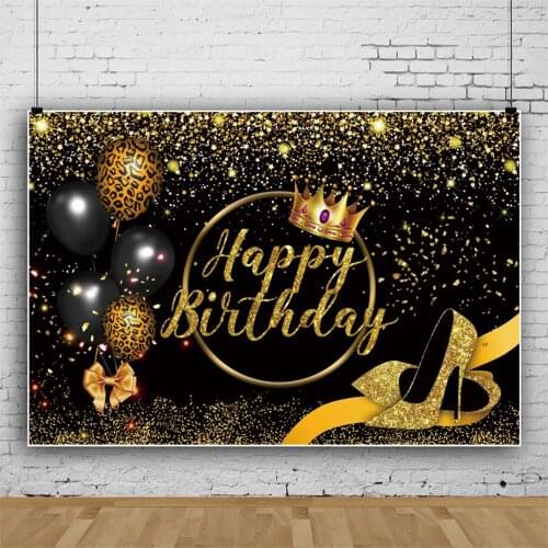 Laeacco Photo Backdrop Gold Crown Balloons Birthday Party Glitters Star Dot High Heels Customized Poster Photographic Background